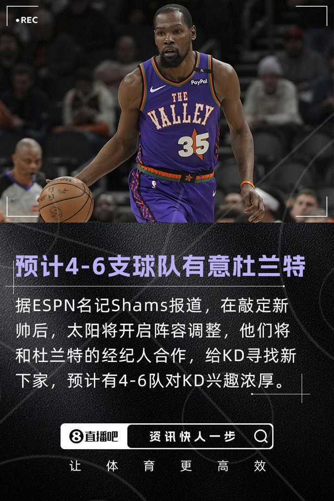 可和新队签两年1.11亿Shams：预计4-6支球队对杜兰特兴趣浓厚